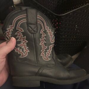 Black Leather Cowboy Boots with Red & White Stitching
